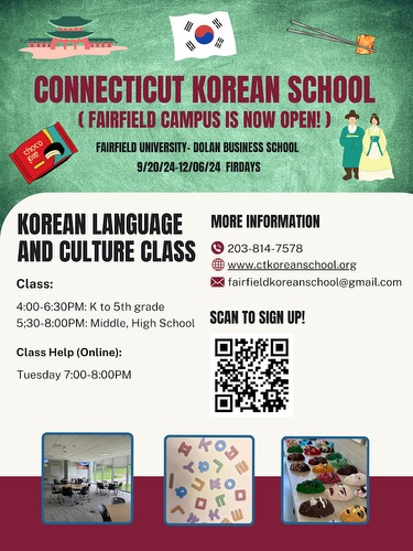 A colorful poster advertising Korean language and culture classes at the Connecticut Korean School. The poster features the Korean flag, a QR code for sign-up, and information about class times and contact details.